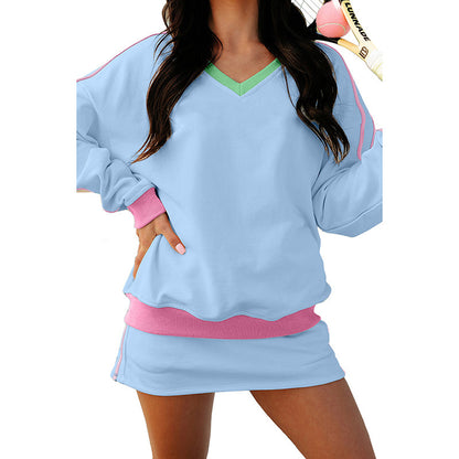 Women's Loose Fit Color-Block Hoodie Skirt Set