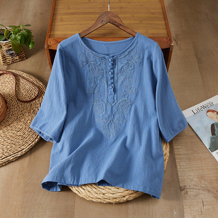 Embroidered Cotton Linen Womens Top