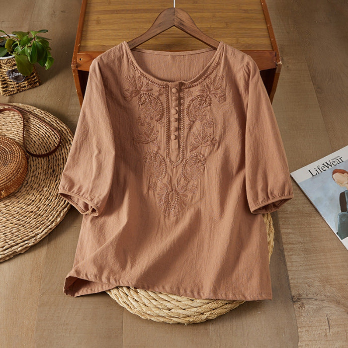 Embroidered Cotton Linen Womens Top