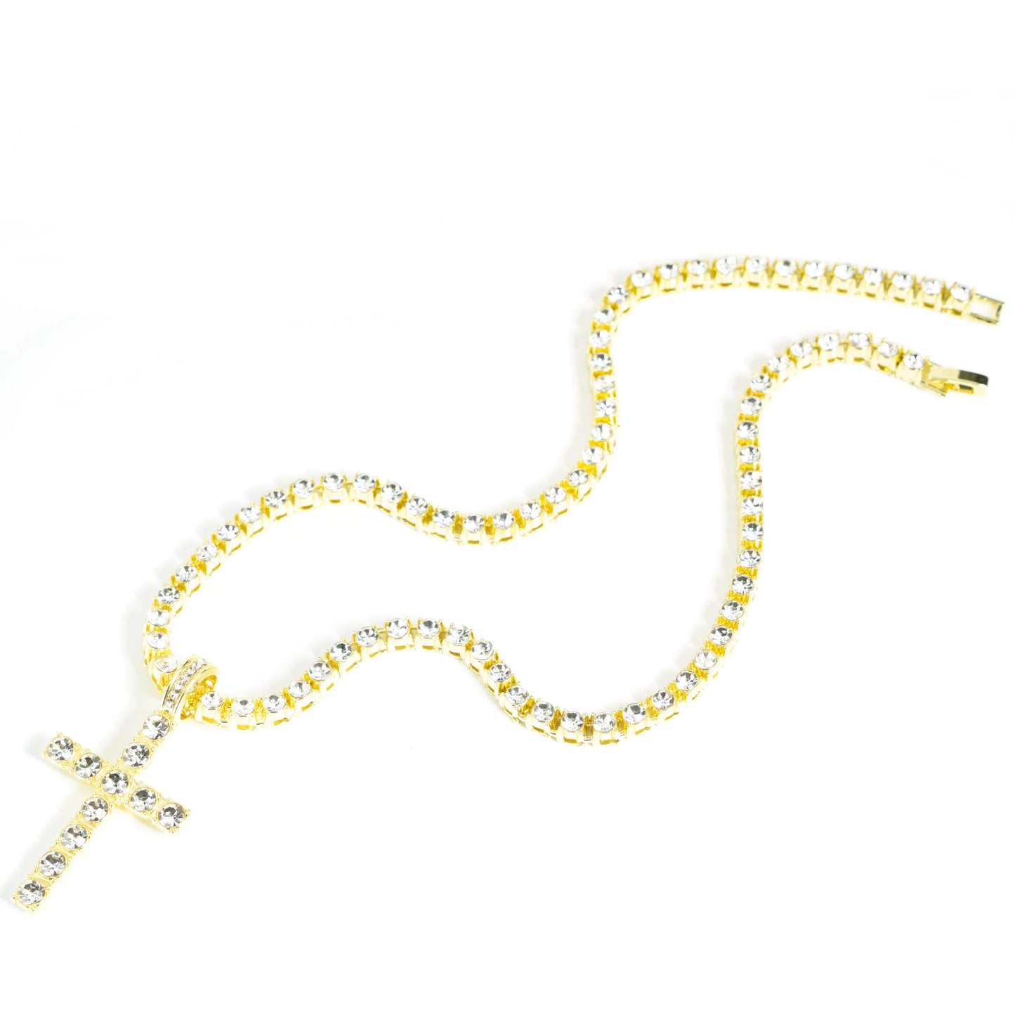 Hip Hop Rhinestone Cross Pendant Necklace 4mm Chain Unisex
