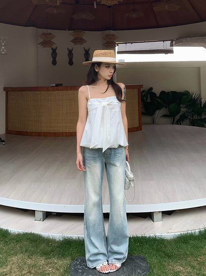 Washed Retro Wide-Leg Denim Pants for Women