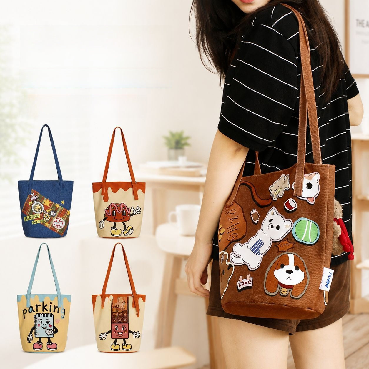 Printed Canvas Crossbody Bucket Bag