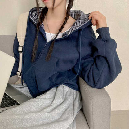 Relaxed and loose checkered plain-colored zipper long-sleeved hoodie
