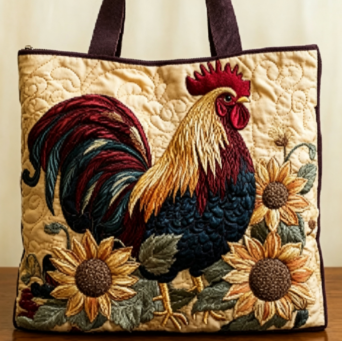 Handmade Embroidered Quilted Tote Bag with Jungle Animal and Book Patterns