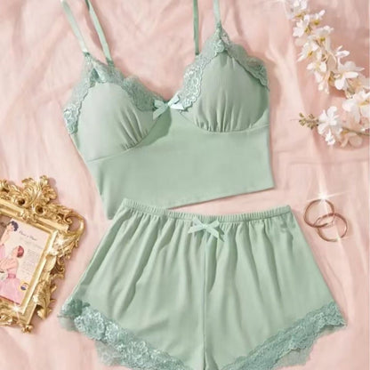 Cross-Border Home Pajamas Camisole Shorts Set Solid Color Patchwork with Chest Pads