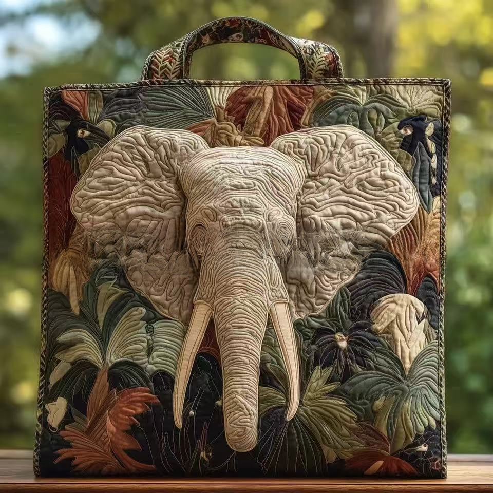 Handmade Embroidered Quilted Tote Bag with Jungle Animal and Book Patterns