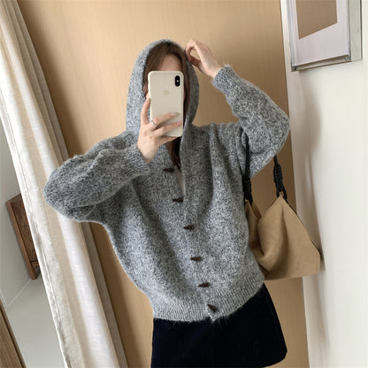 Soft Loose Hooded Cardigan Women Long Sleeve Horn Button Knit Sweater Coat