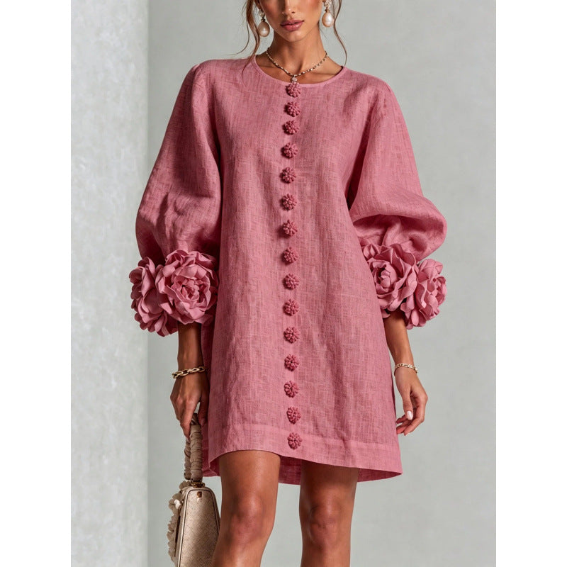 Womens Floral Applique Lantern Sleeve A-Line Dress