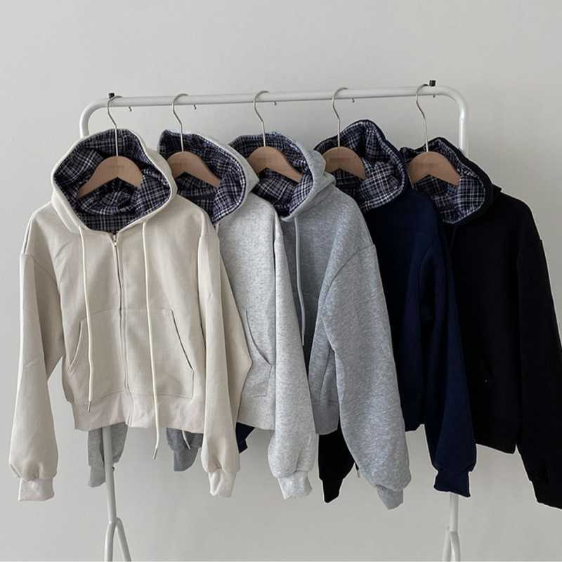Relaxed and loose checkered plain-colored zipper long-sleeved hoodie