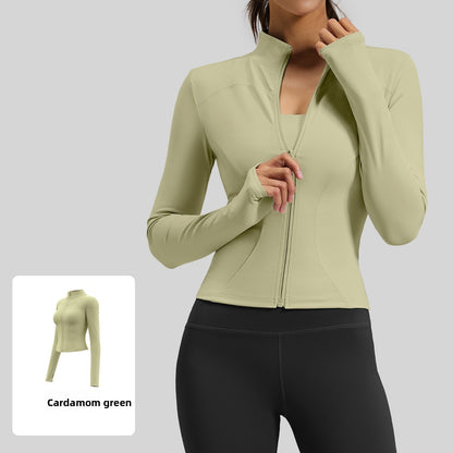 Women's fitted stretch yoga top with a stand-up collar