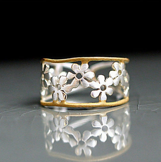 Floral Adjustable Two-Tone Alloy Ring