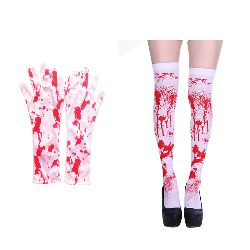Halloween Skeleton Print Gloves and Socks Set