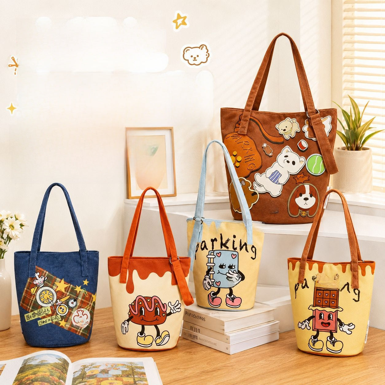Printed Canvas Crossbody Bucket Bag