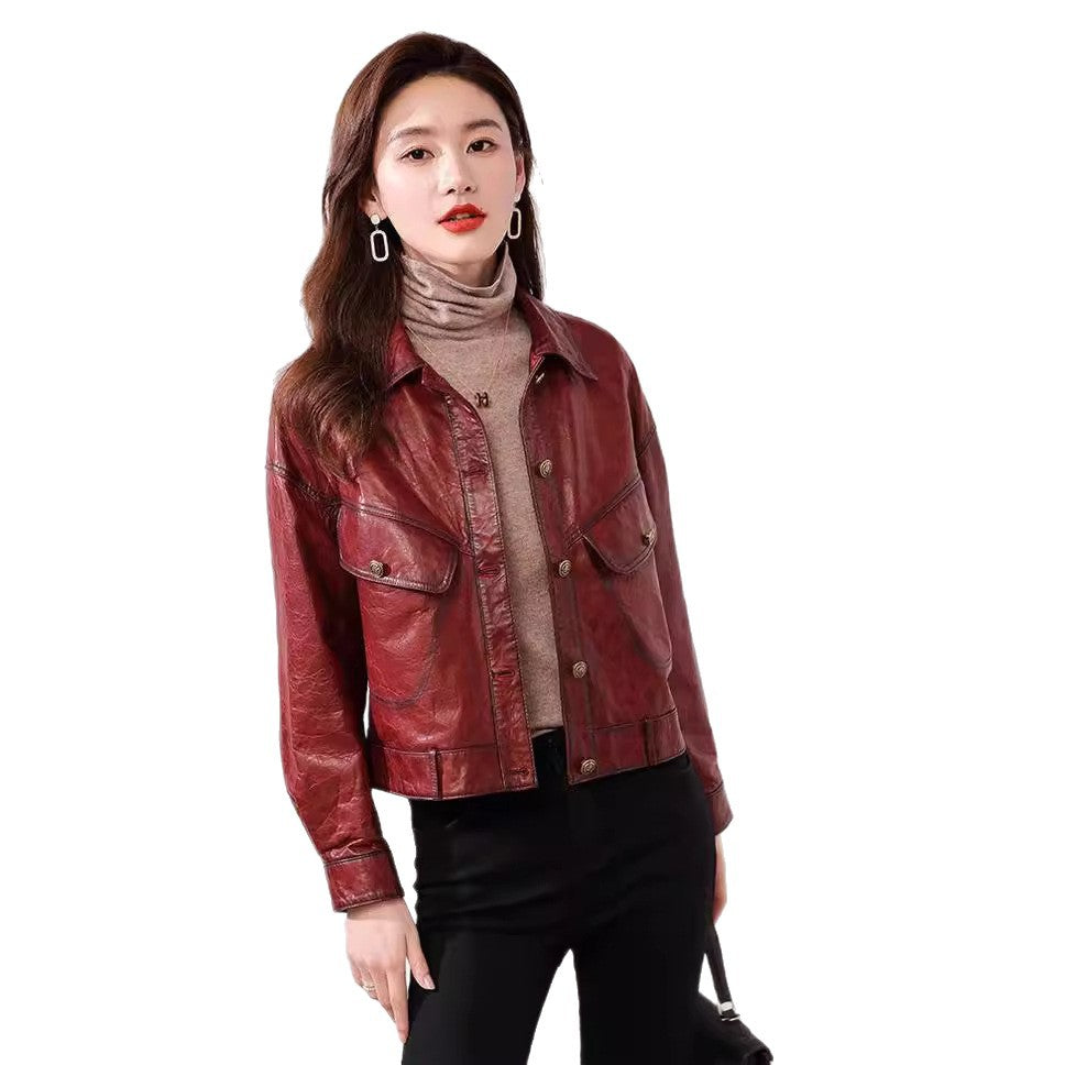 Genuine Cowhide Leather Jacket Women Oil Wax Distressed Short Jacket