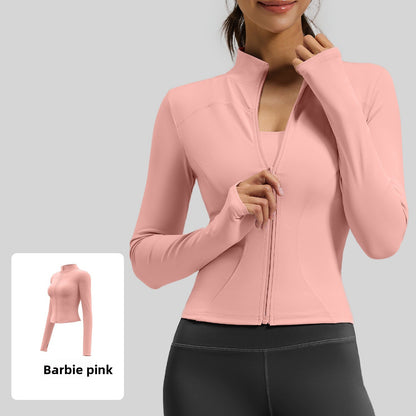 Women's fitted stretch yoga top with a stand-up collar