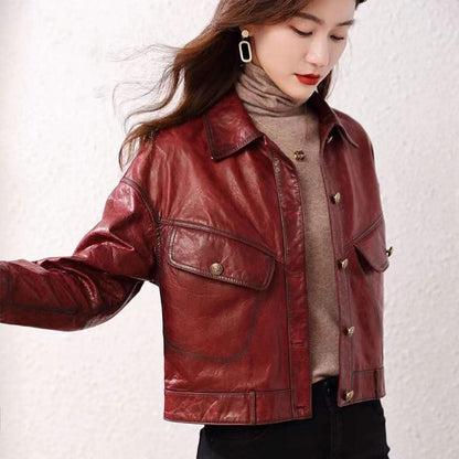 Genuine Cowhide Leather Jacket Women Oil Wax Distressed Short Jacket