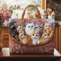 Handmade Embroidered Quilted Tote Bag with Jungle Animal and Book Patterns
