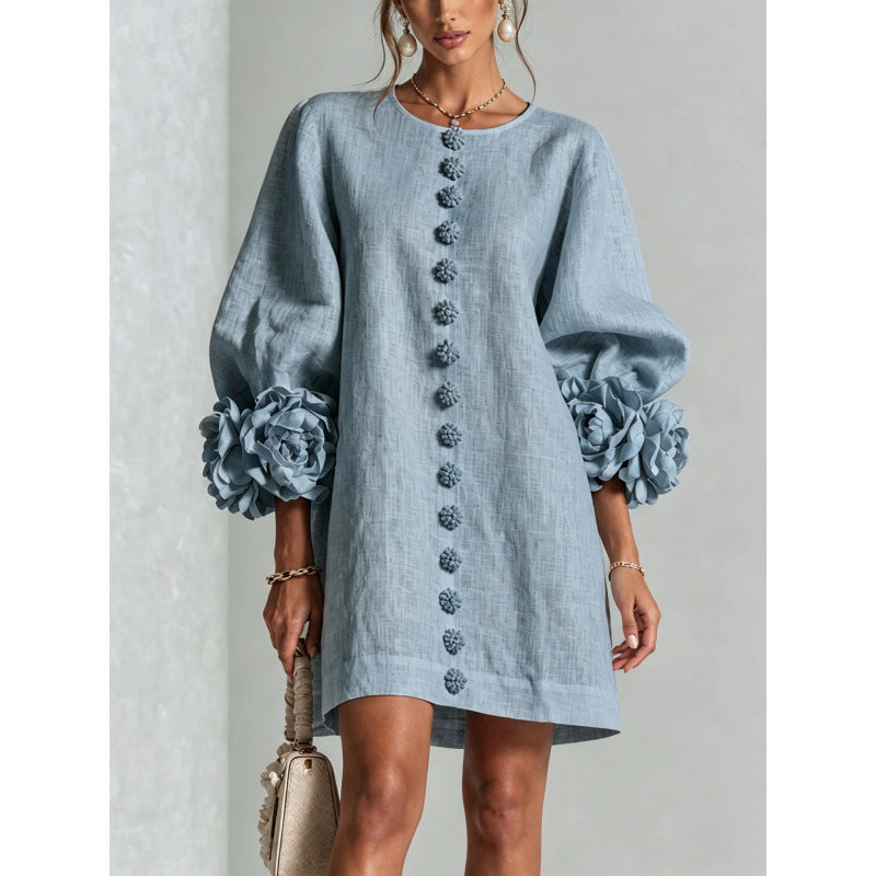 Womens Floral Applique Lantern Sleeve A-Line Dress