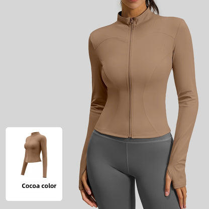 Women's fitted stretch yoga top with a stand-up collar