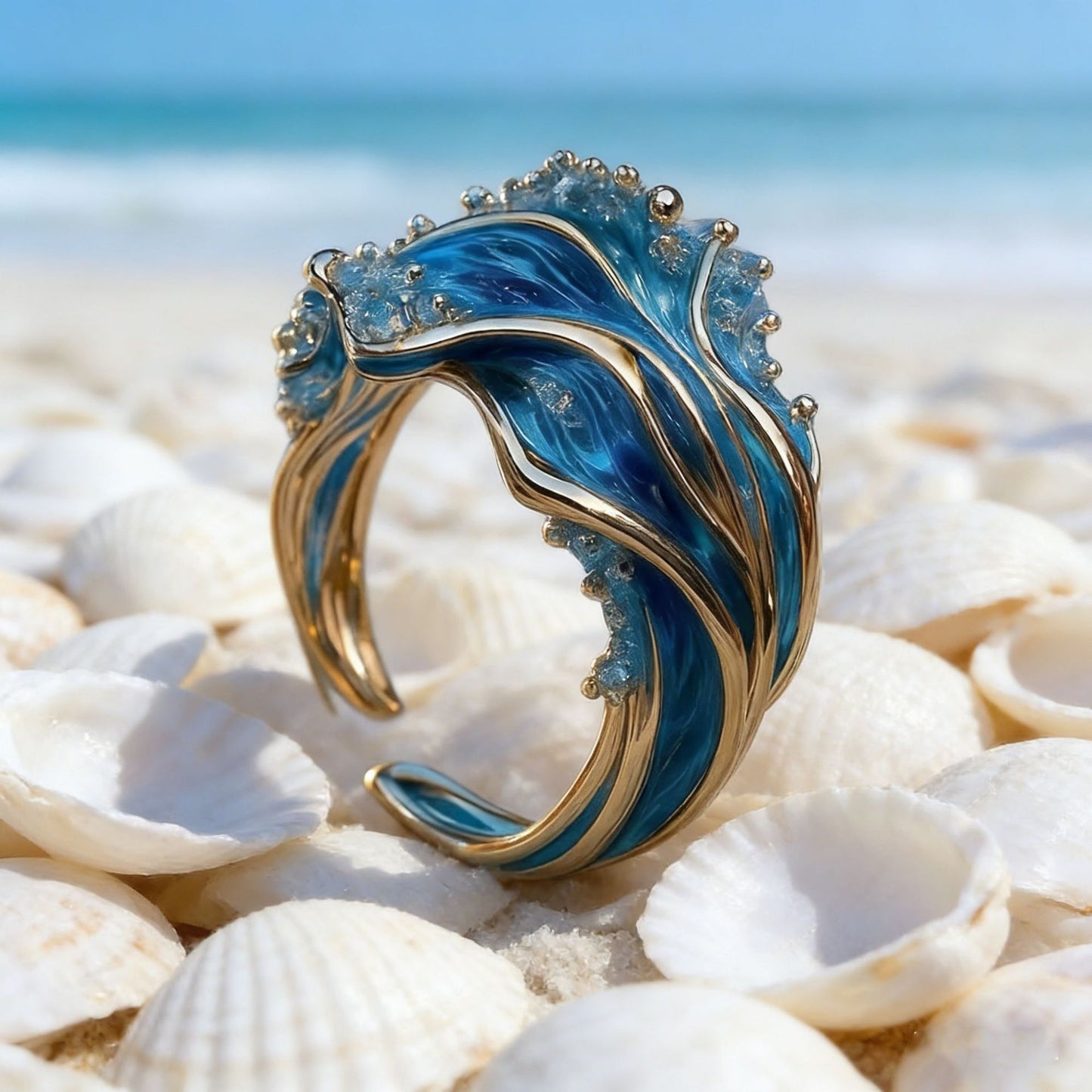 Blue and gold sea wave open ring