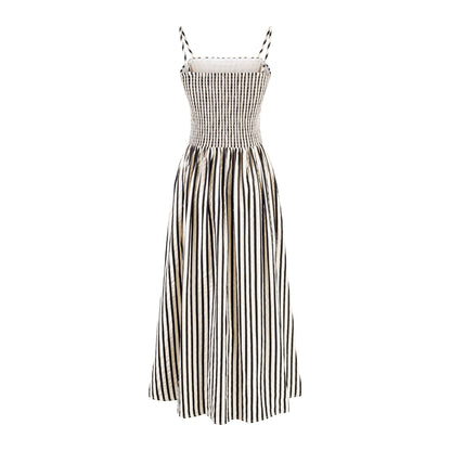 French Spliced Striped Suspender Dress with Pleated Waist