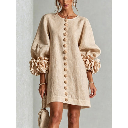 Womens Floral Applique Lantern Sleeve A-Line Dress