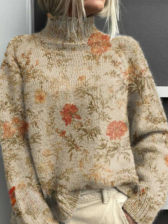 Women's Turtleneck Knitted Sweater Long Sleeve Pullover 3D Digital Print