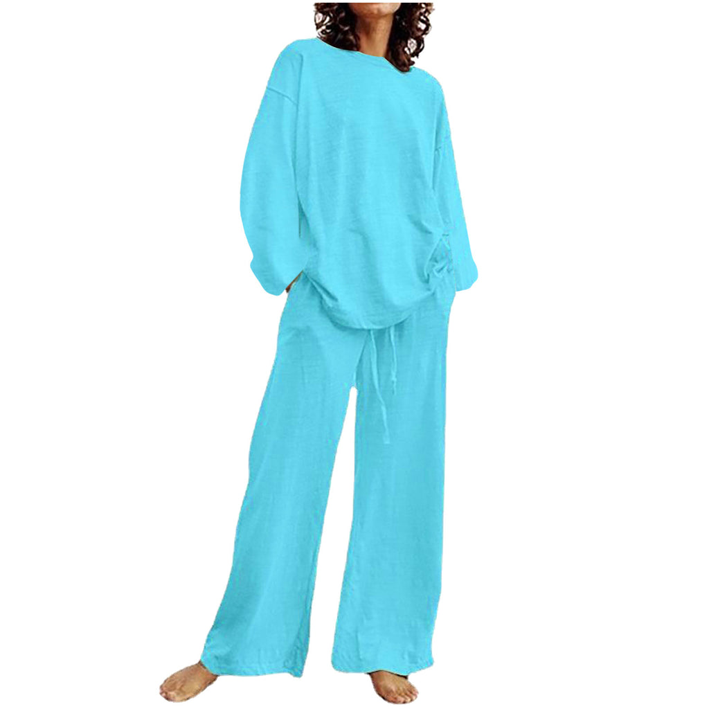 2024 European and American Cross-Border New Cotton and Linen Solid Color Two-Piece Suit Round Neck Long-Sleeved Top Drawstring Wide-Leg Long Style