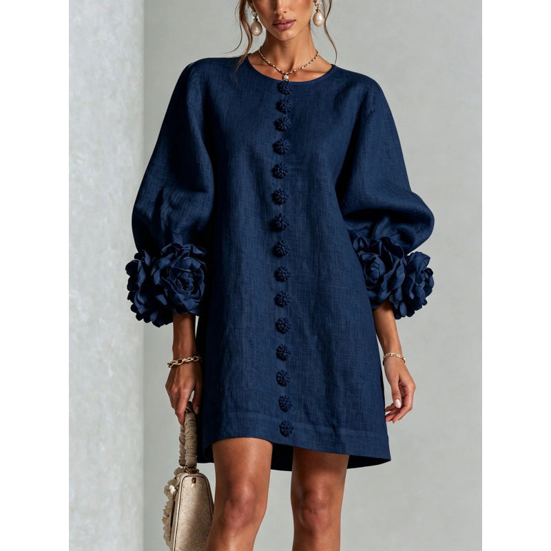 Womens Floral Applique Lantern Sleeve A-Line Dress