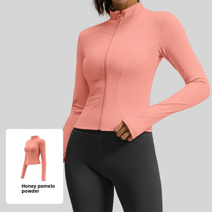 Women's fitted stretch yoga top with a stand-up collar