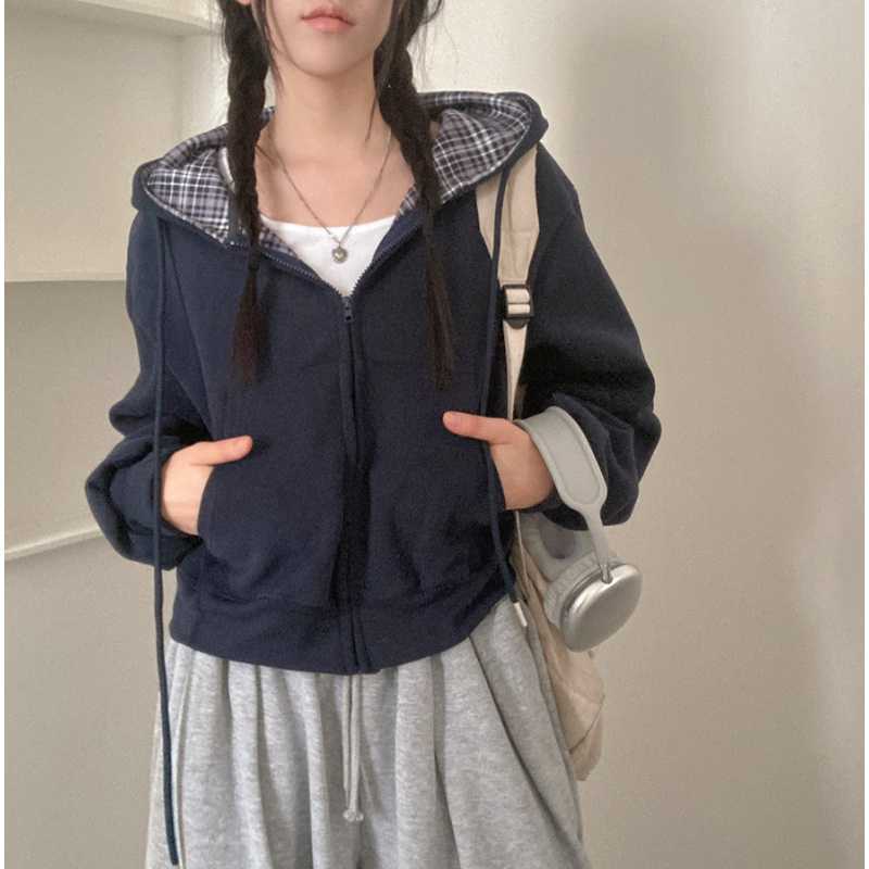 Relaxed and loose checkered plain-colored zipper long-sleeved hoodie