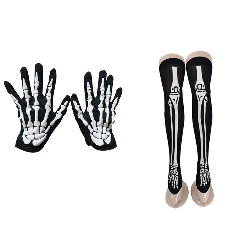 Halloween Skeleton Print Gloves and Socks Set