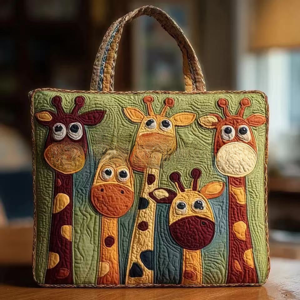 Handmade Embroidered Quilted Tote Bag with Jungle Animal and Book Patterns