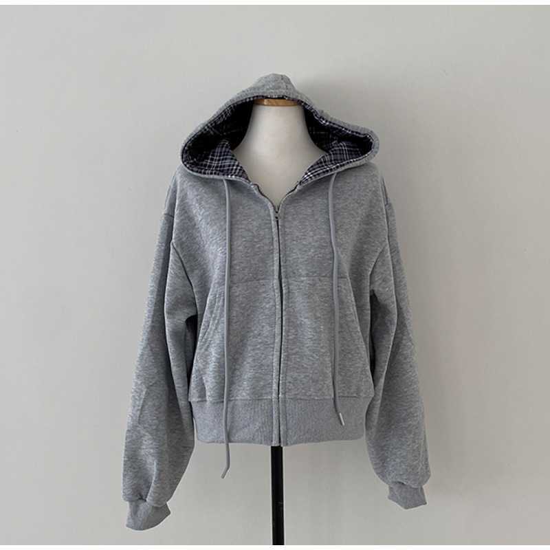 Relaxed and loose checkered plain-colored zipper long-sleeved hoodie