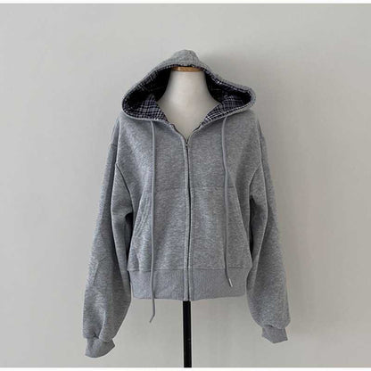 Relaxed and loose checkered plain-colored zipper long-sleeved hoodie