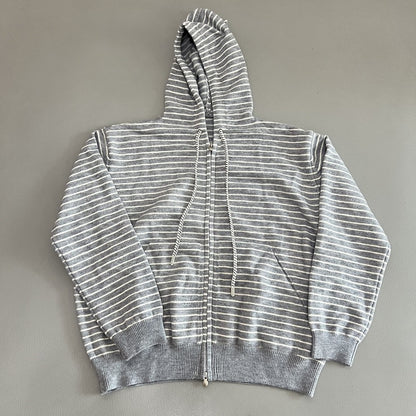 Women Casual Hooded Zip Up Striped Sweater