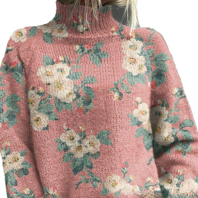 Women's Turtleneck Knitted Sweater Long Sleeve Pullover 3D Digital Print