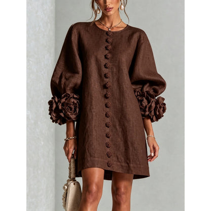 Womens Floral Applique Lantern Sleeve A-Line Dress