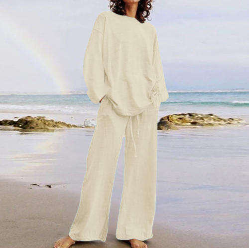 2024 European and American Cross-Border New Cotton and Linen Solid Color Two-Piece Suit Round Neck Long-Sleeved Top Drawstring Wide-Leg Long Style