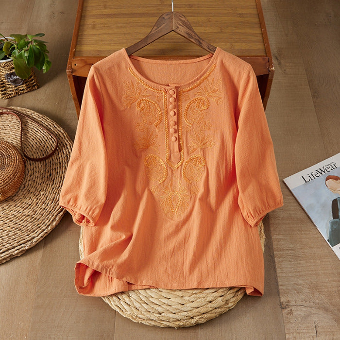 Embroidered Cotton Linen Womens Top