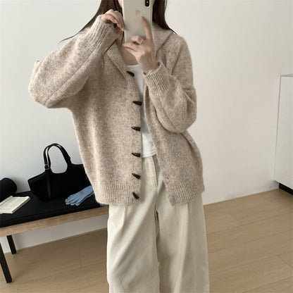 Soft Loose Hooded Cardigan Women Long Sleeve Horn Button Knit Sweater Coat