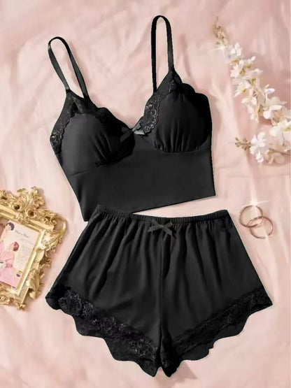 Cross-Border Home Pajamas Camisole Shorts Set Solid Color Patchwork with Chest Pads