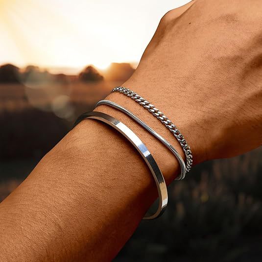 Layered Geometric Stainless Steel Bracelet Set