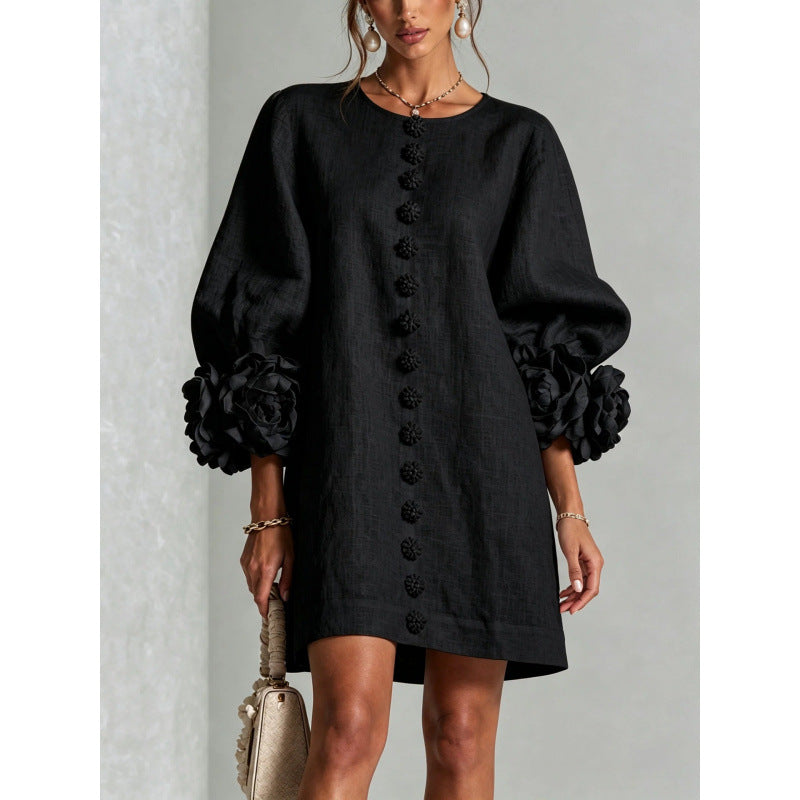 Womens Floral Applique Lantern Sleeve A-Line Dress