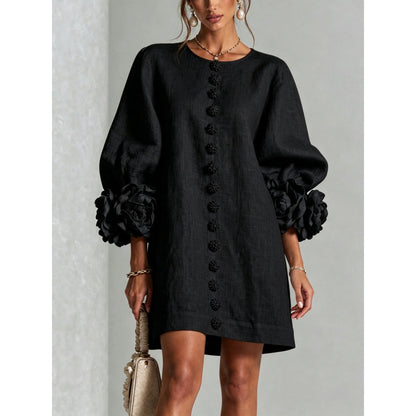 Womens Floral Applique Lantern Sleeve A-Line Dress