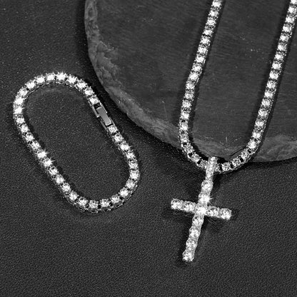 Hip Hop Rhinestone Cross Pendant Necklace 4mm Chain Unisex