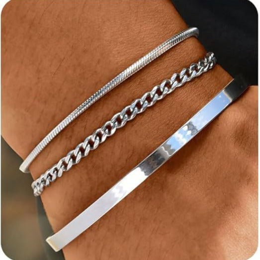 Layered Geometric Stainless Steel Bracelet Set