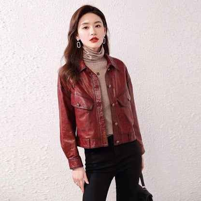 Genuine Cowhide Leather Jacket Women Oil Wax Distressed Short Jacket