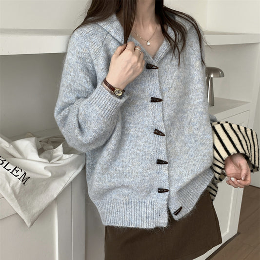 Soft Loose Hooded Cardigan Women Long Sleeve Horn Button Knit Sweater Coat