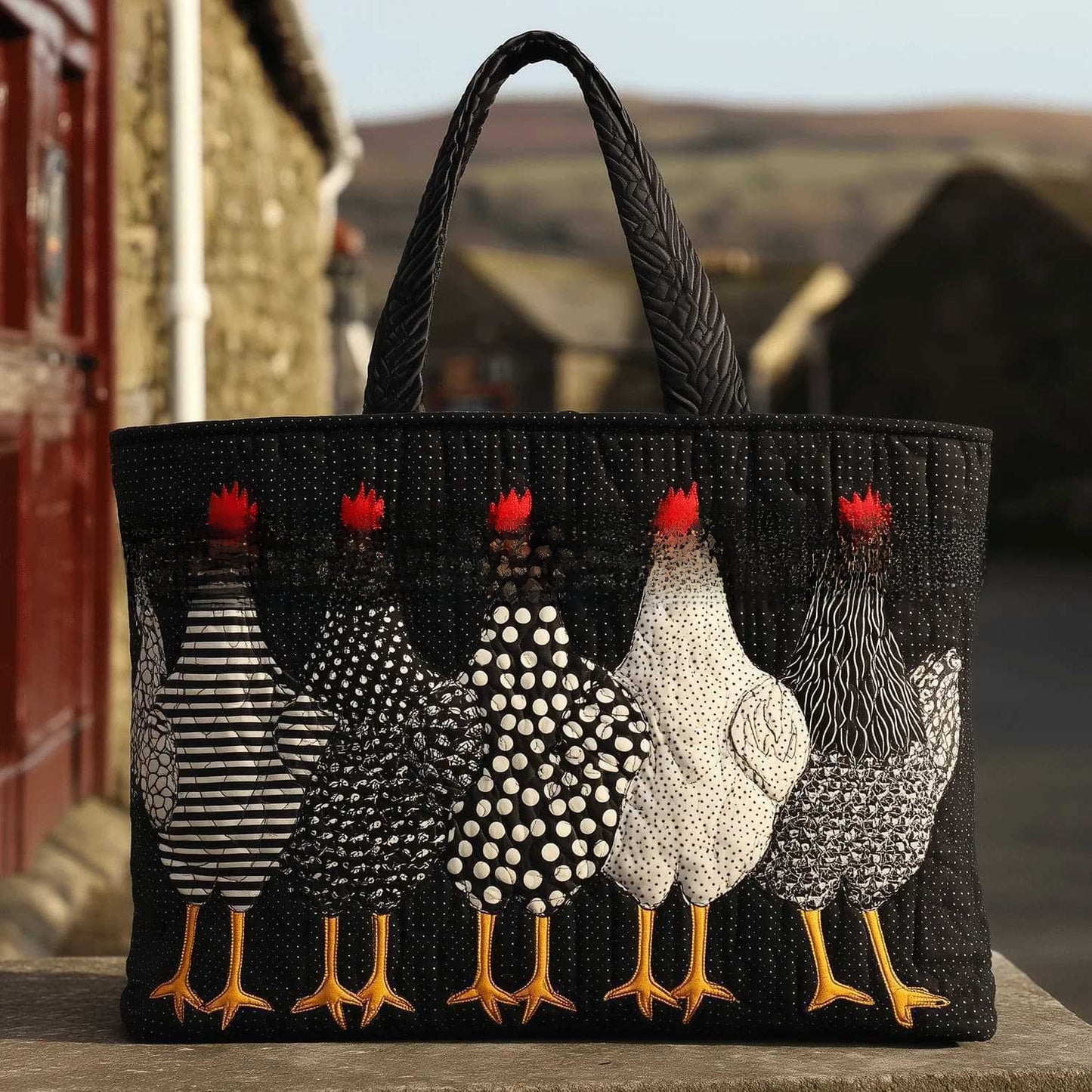 Handmade Embroidered Quilted Tote Bag with Jungle Animal and Book Patterns
